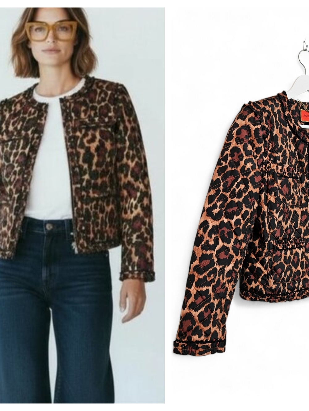 J.Crew Leopard Print Jacket Womens 6 Ruffle Trim Quilted Lady Brown Black Preppy